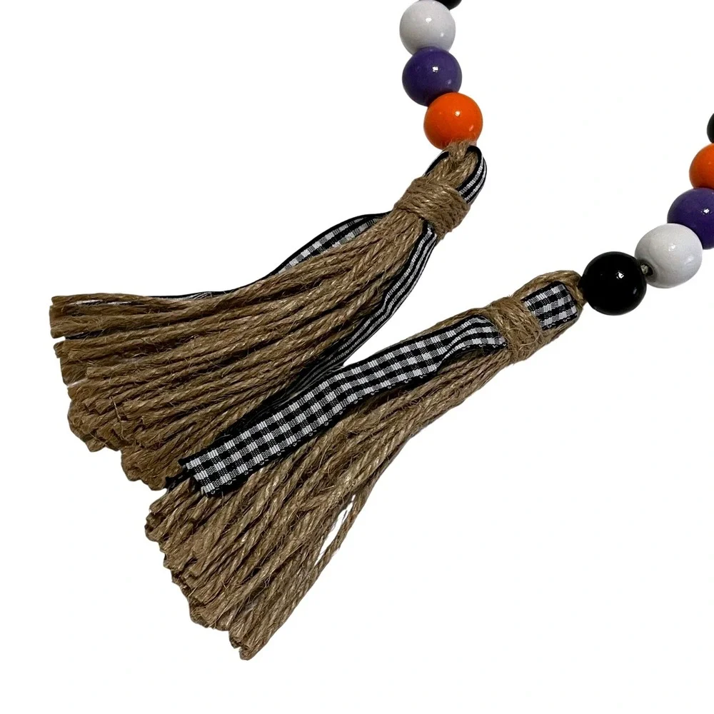 Wood Bead Garland Orange Purple Black White‎ Jute Tassel Gingham Decor